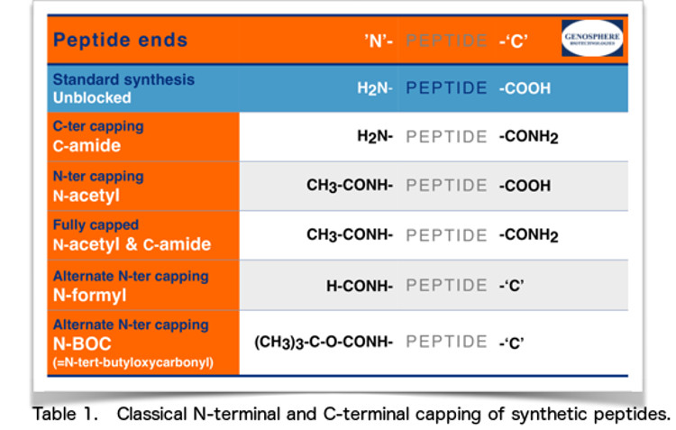 coiffage classique N-terminal et C-terminal de peptides synthétiques
